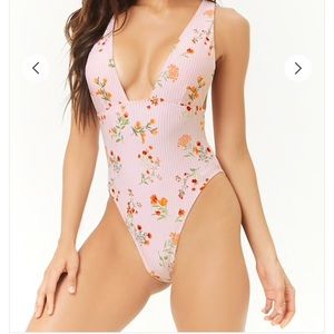 Plunging Striped Floral One-Piece Swimsuit